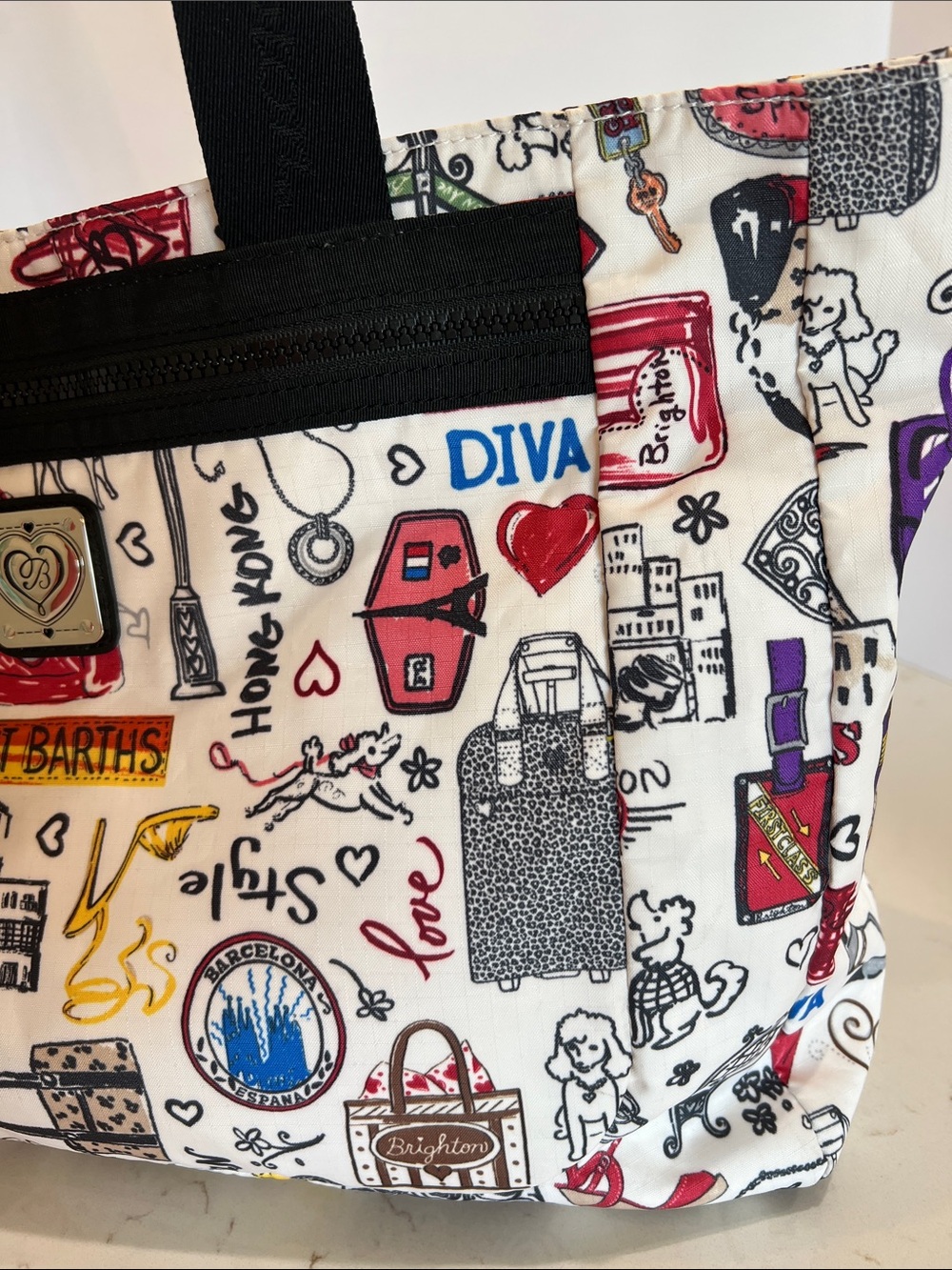 Brighton Travel Tote Bag City Collage Print Matching Zip Pouch Rare Retired - Picture 9 of 16